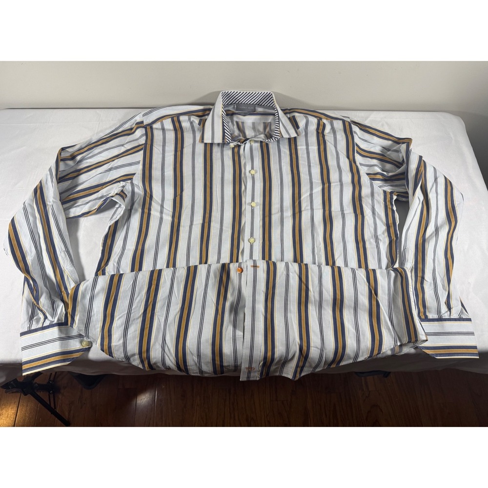 Thomas Dean Mens XL Long Sleeve Button Down Shirt Blue Gold Striped Cotton